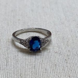 Blue zircon and crystal silver ring